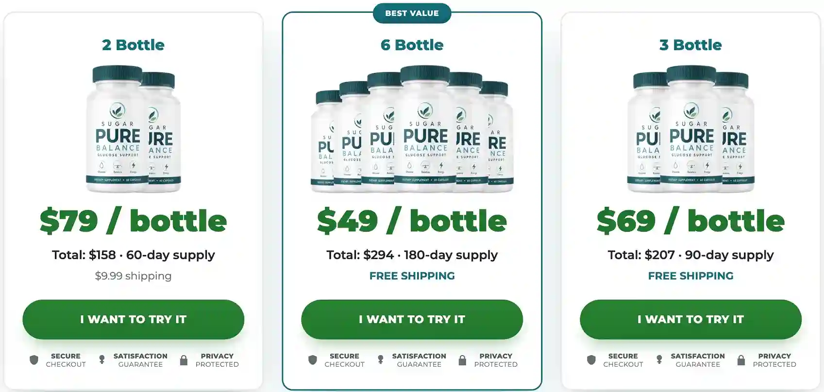 Sugar Pure Balance pricing options &mdash; 2 bottles $79, 3 bottles $69 free shipping, 6 bottles $49 best value free shipping with 60-day guarantee